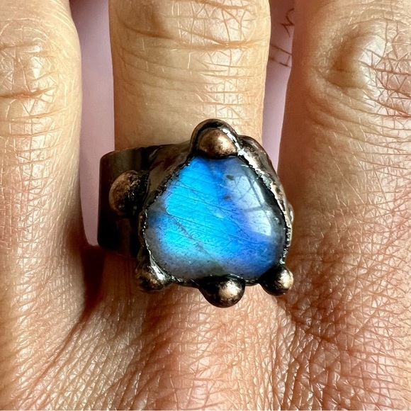 FLASH Labradorite HEART ❤️ Electroplated Ring Adjustable 6 7 8 - Picture 1 of 15